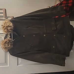 Caslon Olive Green Lightweight Military Jacket with Faux Fur Hood